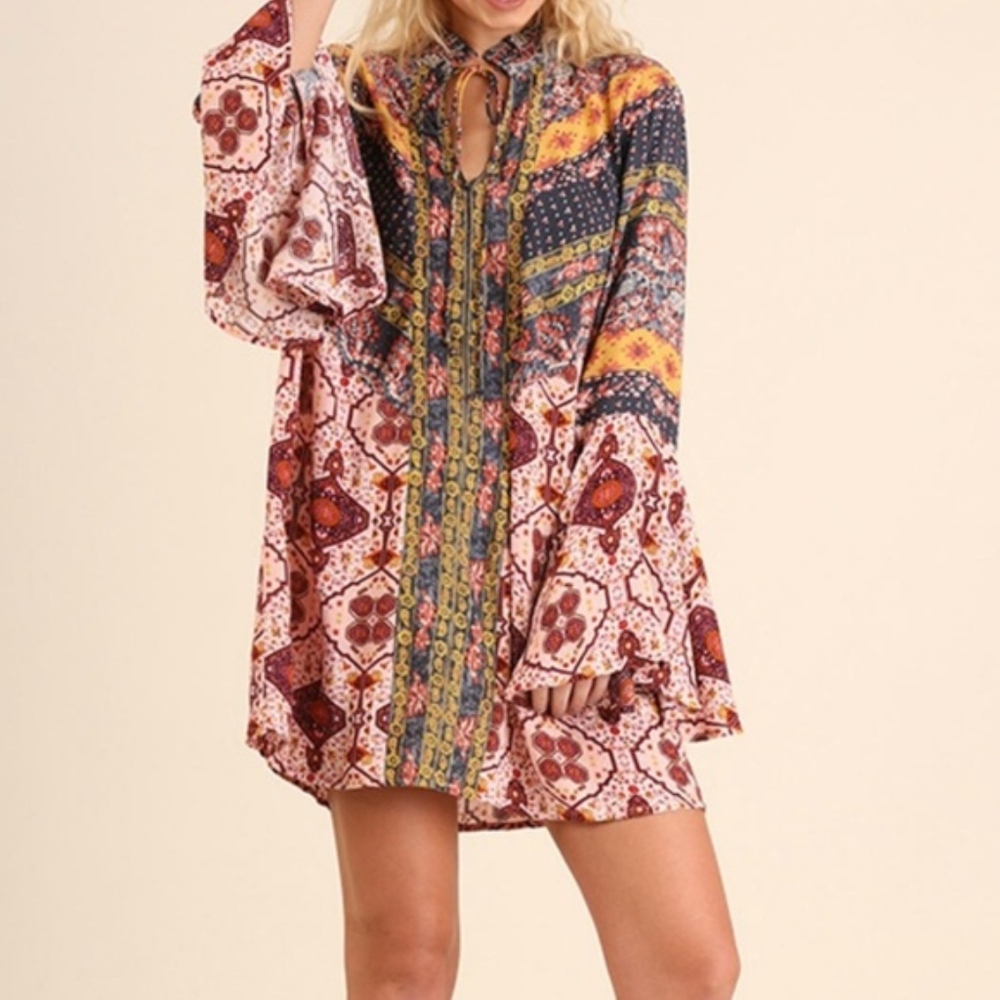 Umgee Multicolor Boho Patchwork Mini Dress in Pink, Yellow & Navy
